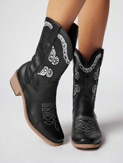 Fairycore Women's Spring/Autumn 2024 New Black Butterfly Embroidered Detail Chunky Heel Western Cowboy Boots, Outdoor Western Boots