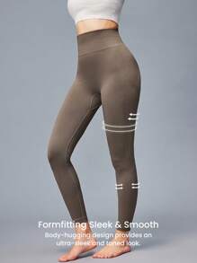 LUVLETTE Women's Seamless Wide Waistband Waist Elegance Yoga Fitness Active Gym Basic Leggings - Brown - View 7