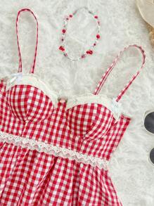 Sweetina 休闲格子飘逸多层吊带迷你连衣裙 - 紅白色 - 查看 6