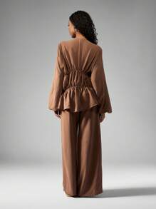 MISSGUIDED Elegant Linen Feel Tiered Ruffle Blouse Wide Leg Pants Set Boho Drawstring Waist Long Sleeve Autumn Winter Resort Wear Loungewear Coordinates - Brown - View 2