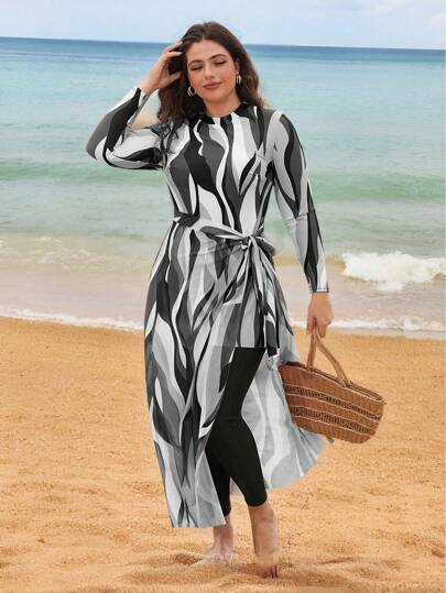 Swim Shayni 大码女式三件套：几何印花中长上衣，搭配长网眼裙和纯色裤子，保守中东风格比基尼泳装