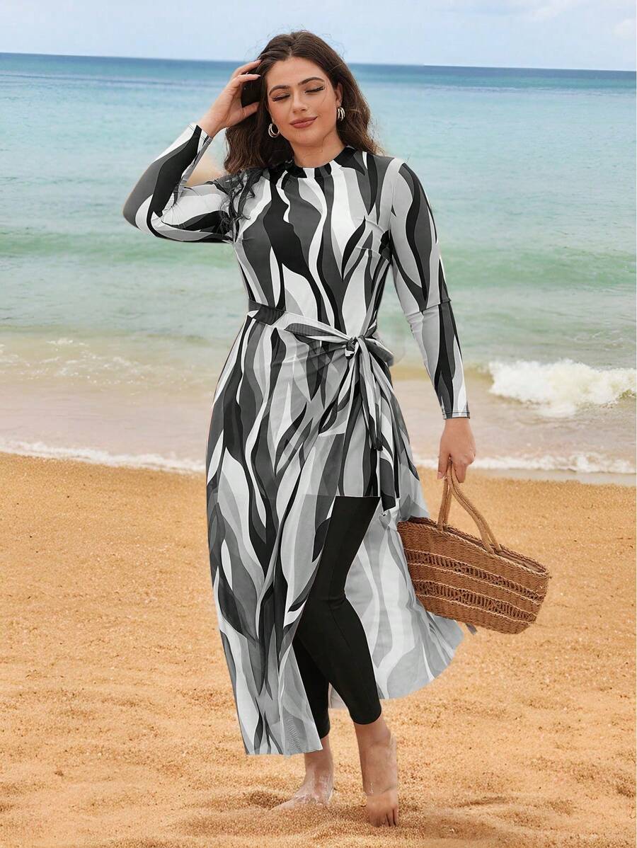 Swim Shayni 大码女式三件套：几何印花中长上衣，搭配长网眼裙和纯色裤子，保守中东风格比基尼泳装