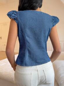 K-Vae Women's Denim Shirt, Casual Fitted Style With Round Neck, Blue