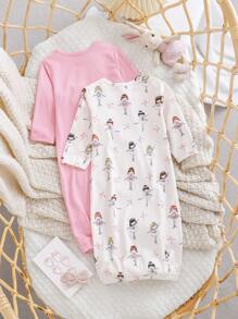 2pcs Set Newborn Baby Girl Cartoon Ballet Print Nightgown & Long Sleeve Long Dress Sleepwear Unisex Baby Clothes - Multicolor - View 2