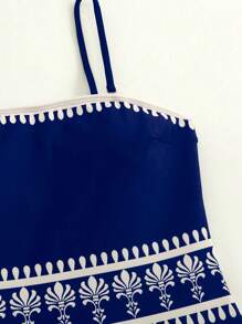 Swim Oasis 2025 新款女士两件套伊比沙岛泳装，花朵印花细肩带连体泳衣和网眼长裙，海滩度假休闲夏季泳装套装 - 藍色 - 查看 5