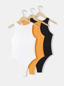 SHEIN BASICS 女式休闲无缝无袖圆领纯色针织连体衣3件套 - 彩色 - 查看 2