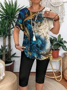T-shirt à col rond à manches courtes avec imprimé floral blocs de couleurs et leggings 2 pièces en grande taille pour femmes, tenue décontractée - Multicolore - Voir 3