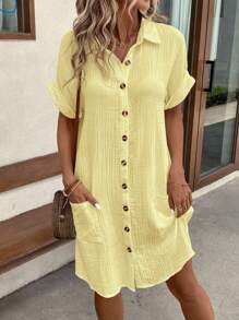 EMERY ROSE Women Minimalist Comfortable Casual Pure Cotton Reversible Double Pocket Shirtdress,Butter Yellow Dress