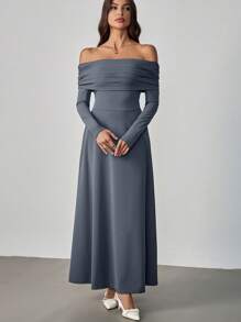 SHEIN Tall Vestido largo con hombros al descubierto, manga larga, unicolor y pliegues elegante para mujer, otoño, nuevo para el Día de San Valentín y Año Nuevo - Gris - Ver 2