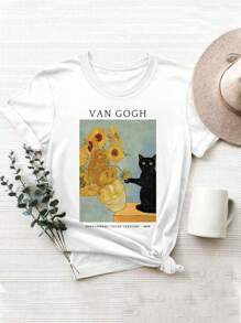 INAWLY Women's Casual Slogan & Cartoon Cat Printed Short Sleeve Crew Neck T-Shirt - White - View 1