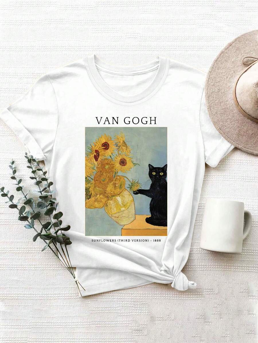 INAWLY Women's Casual Slogan & Cartoon Cat Printed Short Sleeve Crew Neck T-Shirt - White - View 1