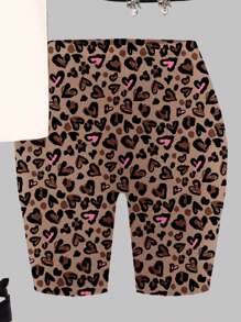 SHEIN 2 Stücke Mädchen Vintage Leoparden Muster Herz Grafik, Weinrot Farbschema, lässig locker sitzende Kurzarm T-Shirt und Shorts Set, geeignet für den Sommer