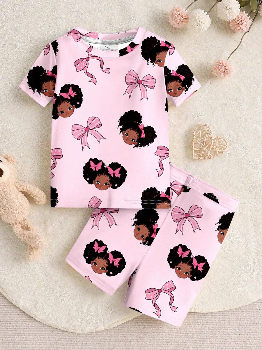 SHEIN Young Girl Pattern Bow Decor Casual Minimalist Snug Fit Crew Neck Short Sleeve Shorts Set, Comfortable Home Outfit, Suitable For Spring/Summer - Multicolor - View 1