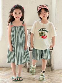 SHEIN Genkimix Kids Vestito estivo casual e senza maniche da ragazza, linea ad A, morbido, con stampa a fette di cocomero, dolce e carino