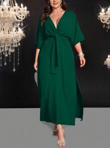 Cravure Plus Size Elegant Solid Color Waist-Cinched Long Dress - Green - View 6