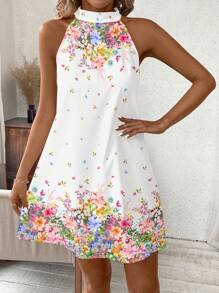 SHEIN Clasi 夏季浪漫花卉印花挂脖修身女式短款连衣裙 - 彩色 - 查看 4