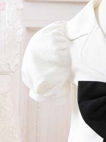 2pcs/Set Baby Girls Big Bow Decor Positioning Ruffled Dress&Matching Hat Set,Puff Sleeves Voluminous Black And White Summer Elegant Birthday Dress - Multicolor - View 9