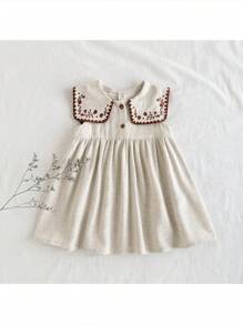 Loomiva Baby Girl Floral Print Lapel Sleeveless Waist Cinched Waist Dress - Apricot - View 1