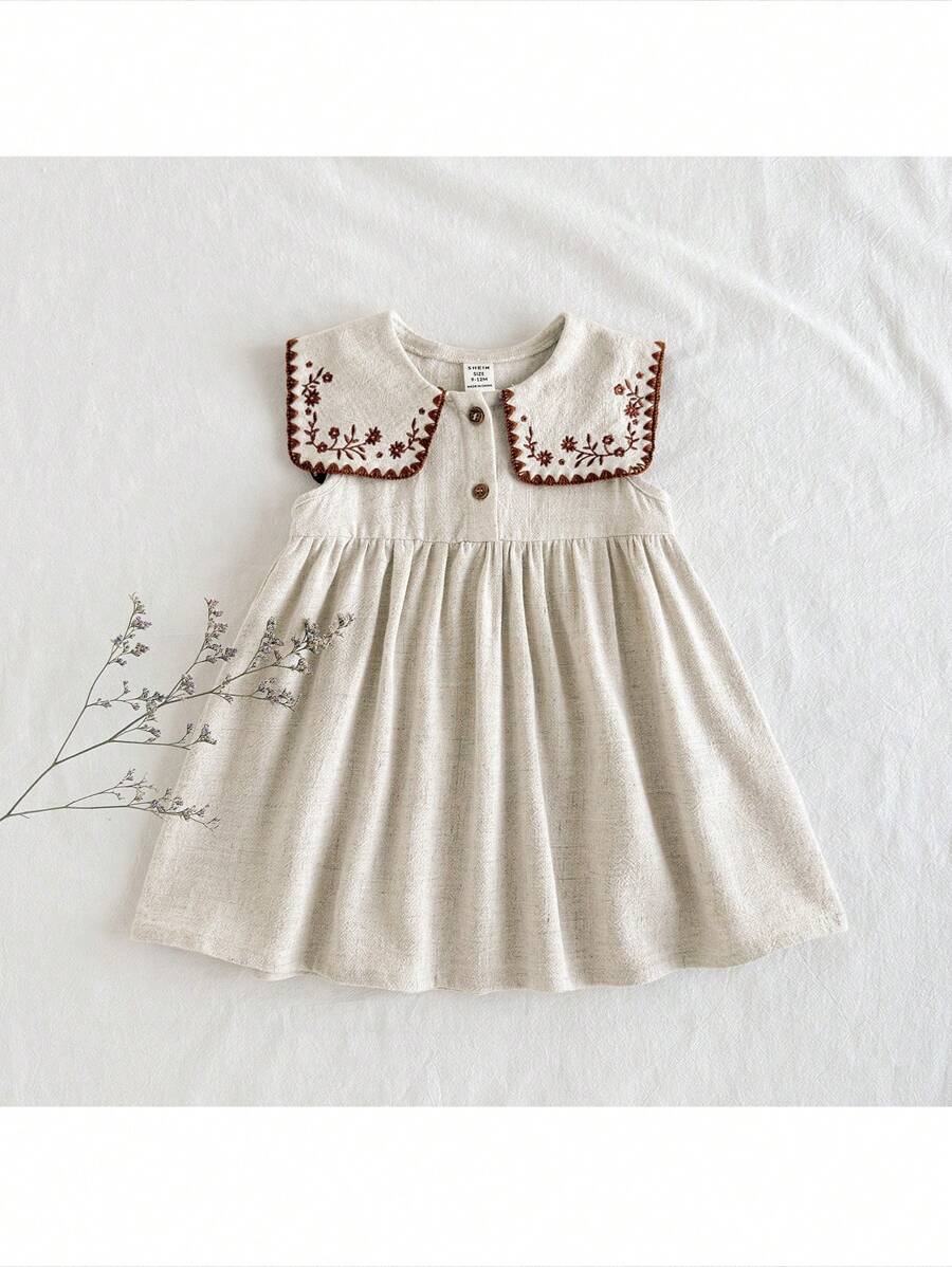 Loomiva Baby Girl Floral Print Lapel Sleeveless Waist Cinched Waist Dress - Apricot - View 1