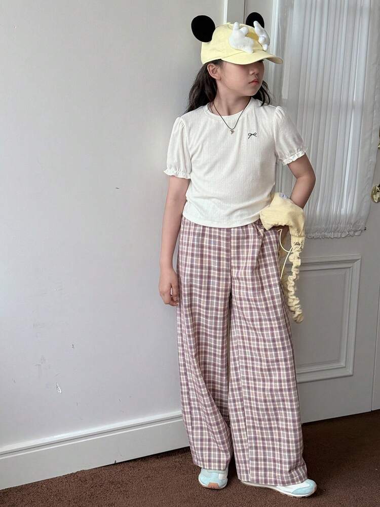 2pcs/Set Tween GirlsRound Neck Knit Short Sleeve T-Shirt + Plaid Pants, Summer Kid Clothing Set,Back To School Clothes