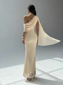 Aloruh Women's Birthday Party Dress Cocktail Dance Concert Music Festival Dinner Greek Goddess Dress Holiday Apricot Dress Mesh Knit Bodycon Dress Solid Color Asymmetrical Collar Splice Chiffon Dress, Elegant Style