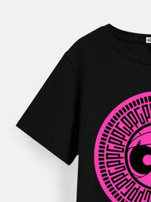 THE POWERPUFF GIRLS X SHEIN Camiseta de manga corta y cuello redondo informal con estampado de flores de dibujos animados para niña preadolescente, verano