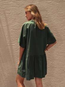 Lumivelle Women's Casual Loose Shirt Collar Ruched Tie-Up Gathered Mini Dress, Spring & Summer