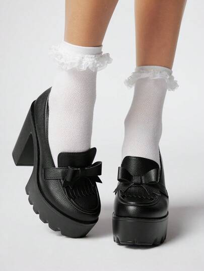 Kawaii Black Closed Toe Slip-On High Heel Loafers, Dark Color Fringe Bow Decor Mary Jane Small Leather Shoes, Japanese JK Uniform Shoes For Women