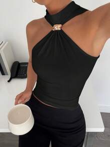 Siren Gaze Women's Sleeveless Stand Collar Blouse, Metal Decor Design, Commuter & Casual Vacation Top For Summer