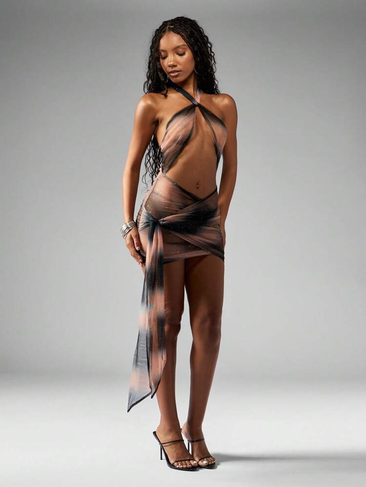 MISSGUIDED Sheer Mesh Beach Cover Up Mini Dress Glitter Shimmer Halter Wrap Resort Pool Party Festival Beachwear Summer Vacation Sundress Cover-Up