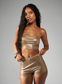 MISSGUIDED Metallic Snake Print Co Ord Set Two Piece Festival Club Party Dance Performance High Waist Shorts Bandeau Top Outfit Holiday Clubwear - Brown - View 5