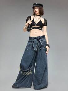 ROMWE Y2K Vintage Streetwear Ultra Low Waist Super Loose Fit Jeans - Navy Blue - View 4