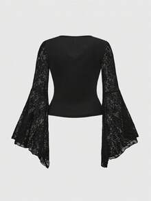 ROMWE Spring/Summer Black Plus Size Sexy Gothic Contrast Lace V-Neck Flare Sleeve Blouse, Halloween Fall - Black - View 2
