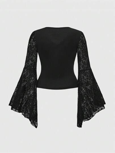 Goth Blusa de manga acampanada con escote en V y encaje en contraste, estilo gótico y sexy, para Halloween, tallas grandes