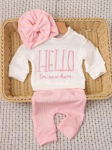 SHEIN HELLO 字母刺绣新生儿摄影服装，男宝宝女宝宝上衣裤子帽子 3 件套，婴儿 1 个月 100 天影楼拍照服装