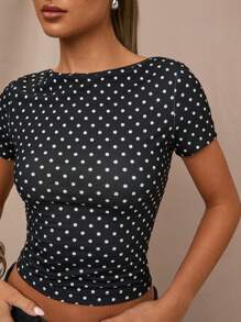 SHEIN BAE 极简主义波尔卡圆点印花性感露背百搭 T 恤，适合时尚外出、海滩度假、意大利度假、外出、邮轮装、早午餐装、伊比沙岛装、夏季上衣 - 黑色 - 查看 7