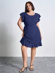 Chikora Plus Size Women's Casual Polka Dot Print Ruffle Trim Dress, Does Not Include Belt, For Summer,Office Outfits For Women