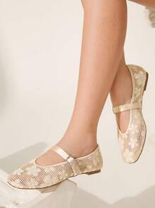 CUCCOO CHICEST Women's Summer New Mesh Sequin Square Toe Flat Elegant Casual Champagne Mesh Flat Mary Jane Shoes For Afternoon Tea, Date, Elegant Outfit, School Style, Party
