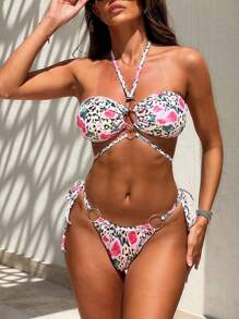 SHEIN Multicolor New Summer Leopard Floral Metal Ring Halter Tie Knot Hollow Sexy Beach Bikini Set, Women Two Pieces Swimsuit - Multicolor - View 5
