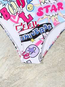 Tween Girls Random Cute Graffiti Print One-Piece Swimsuit, Perfect For Beach Vacation In Summer - Multicolor - View 4