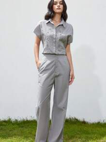 Aveloria Modichic New Stylish Business/Leisure Commute Elegant Vintage Hollowed-Out Contrast Embroidery Drop Shoulder Sleeve Lapel Button Shirt & Loose Wide Leg Pants Two Pieces Set For Women