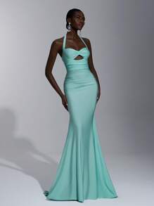 Elitara 优雅奢华的浅蓝色弹力针织连体泳衣，搭配荷叶边镂空美人鱼裙，适合婚礼、派对、度假、舞会、伴娘（成人） - 淺藍色 - 查看 1