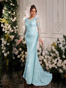 Glamrae Váy dạ hội trang trọng kiểu đuôi cá cổ chữ V tay dài đính lưới màu tương phản thanh lịch, dành cho khách dự tiệc cưới, eo cao - Màu xanh nhạt - Xem 6