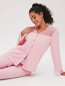 LUVLETTE Soft 100% Pure Cotton Pink Lace Trim Button-Up Top & Pants Loungewear Pajama Set Pants With Pockets Bridal Intimates Fall Pajamas Clothes,Spring And Summer - Baby Pink - View 5