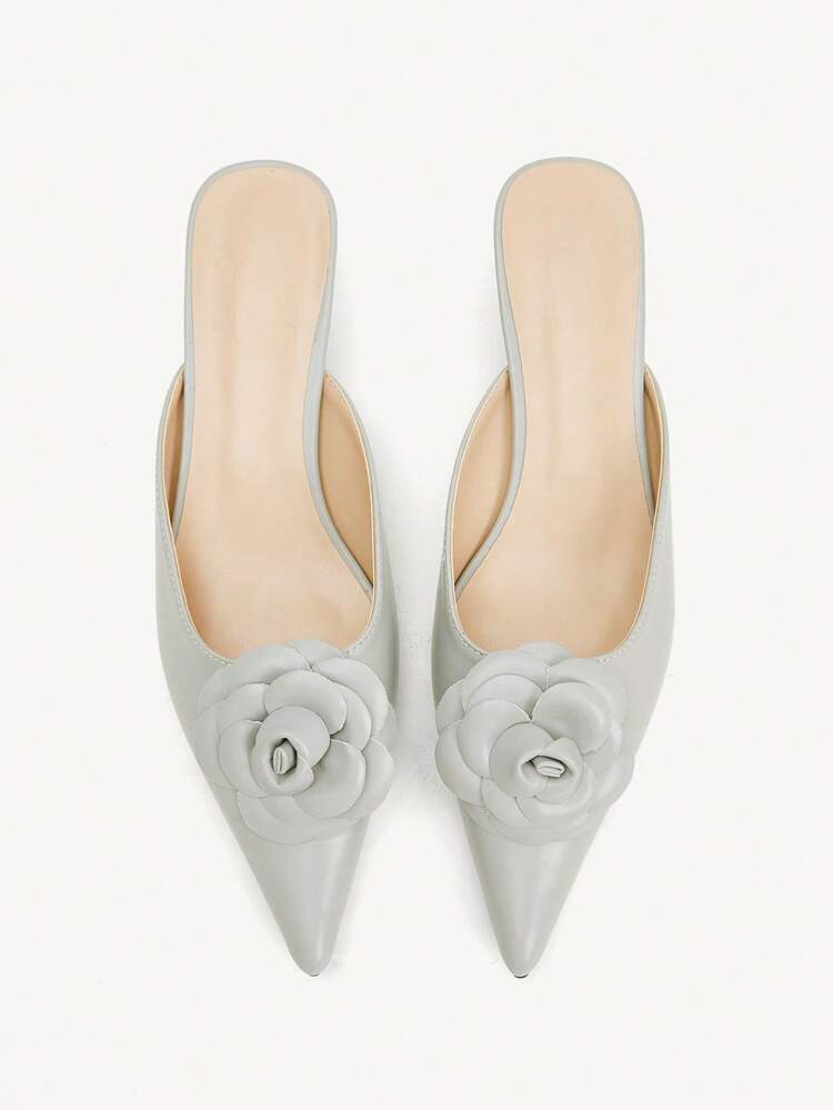 CUCCOO CHICEST Women's New Summer Pointed Toe Slip-On Heeled Shoes, Grey Artificial Leather Flower Decor Elegant Classic Retro Low Kitten Heel Mules, Suitable For Afternoon Tea, Dates, Parties, Work Outfits, Versatile