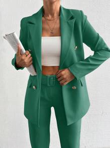 EURMUSE Women's Solid Color Lapel NeckLong Sleeve Casual Commuter Suit Jacket And Pants Set - Green - View 1
