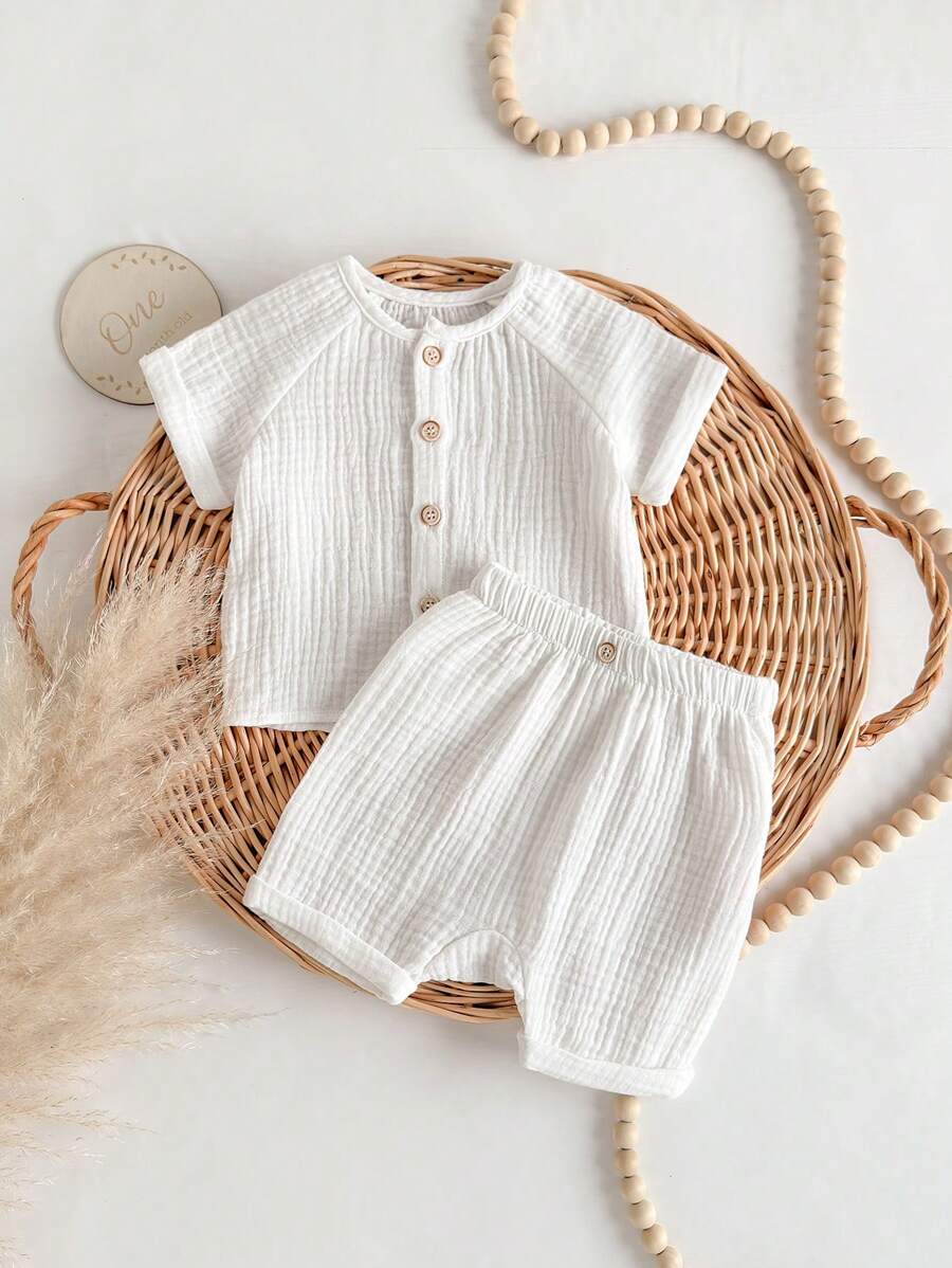 Newborn Baby Boy Casual Cute Summer White Short Sleeve Shirt And Elastic Waist Shorts Set