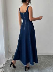 Elenzga 休闲优雅女式牛仔连衣裙 - 藍色 - 查看 2