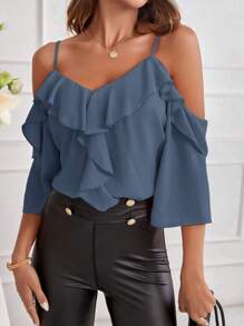 SHEIN Clasi Ladies Solid Color Off Shoulder Ruffle Trim Spring Shirt - Dusty Blue - View 6