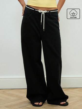 COUREZ 宽松牛仔裤，配有抽绳和腰带/女士夏季服装/Y2K/休闲/高街棉质复古棉质